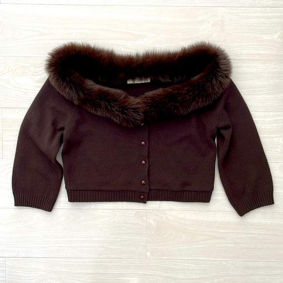 SALE! Valentino Brown Wool & Cashmere Blend Cropped Cardigan w/ Trim - Picture 4 of 12